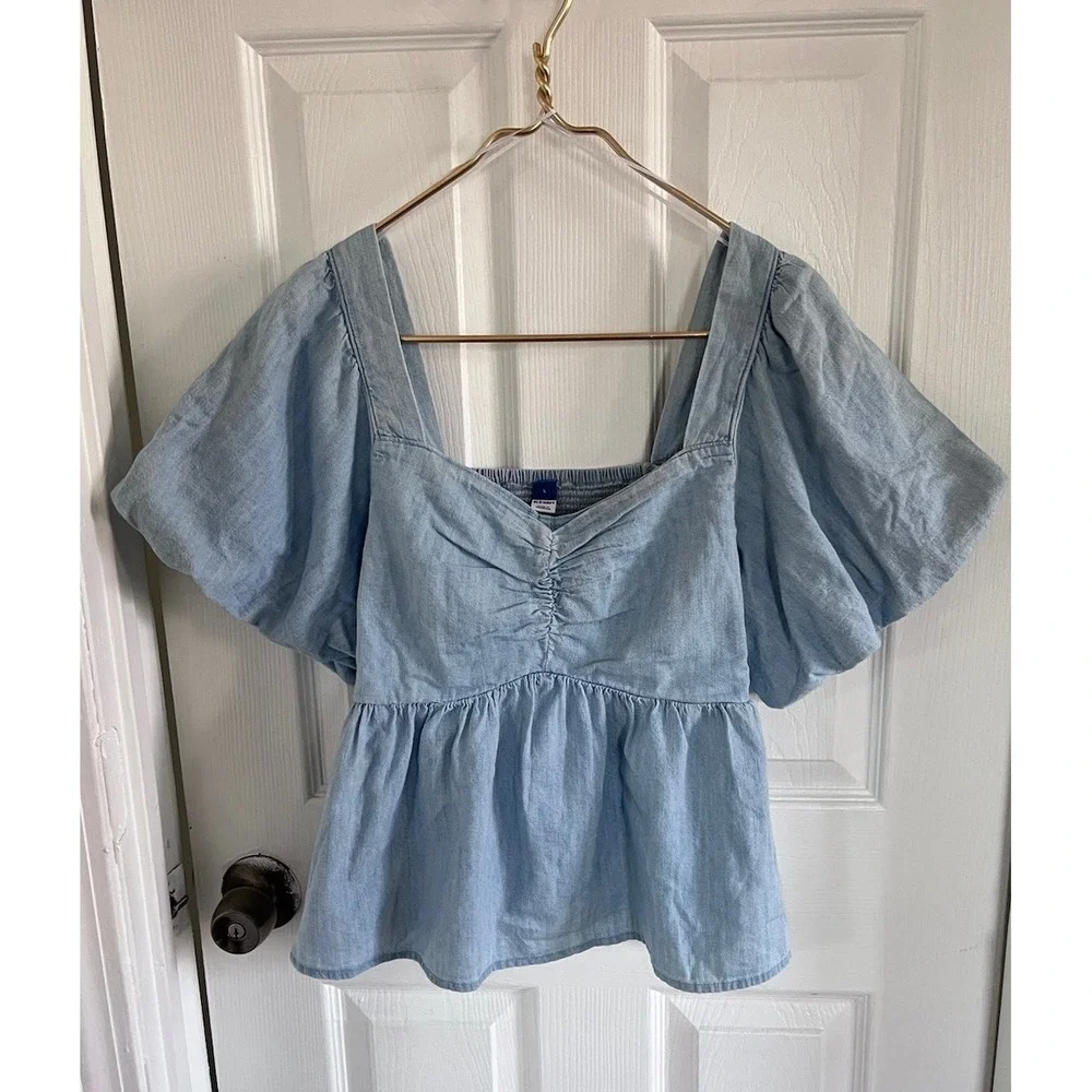 OLD NAVY Blue Peplum Top L Puff Sleeve Square Neck Cotton Casual Summer Chic